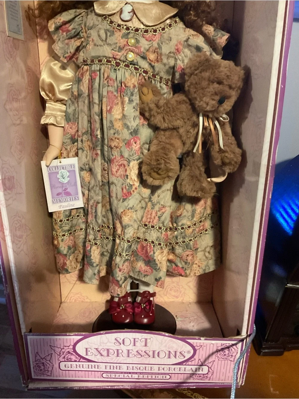Express Porcelain Doll in Floral Cream and Pink Dress with Brown Teddy